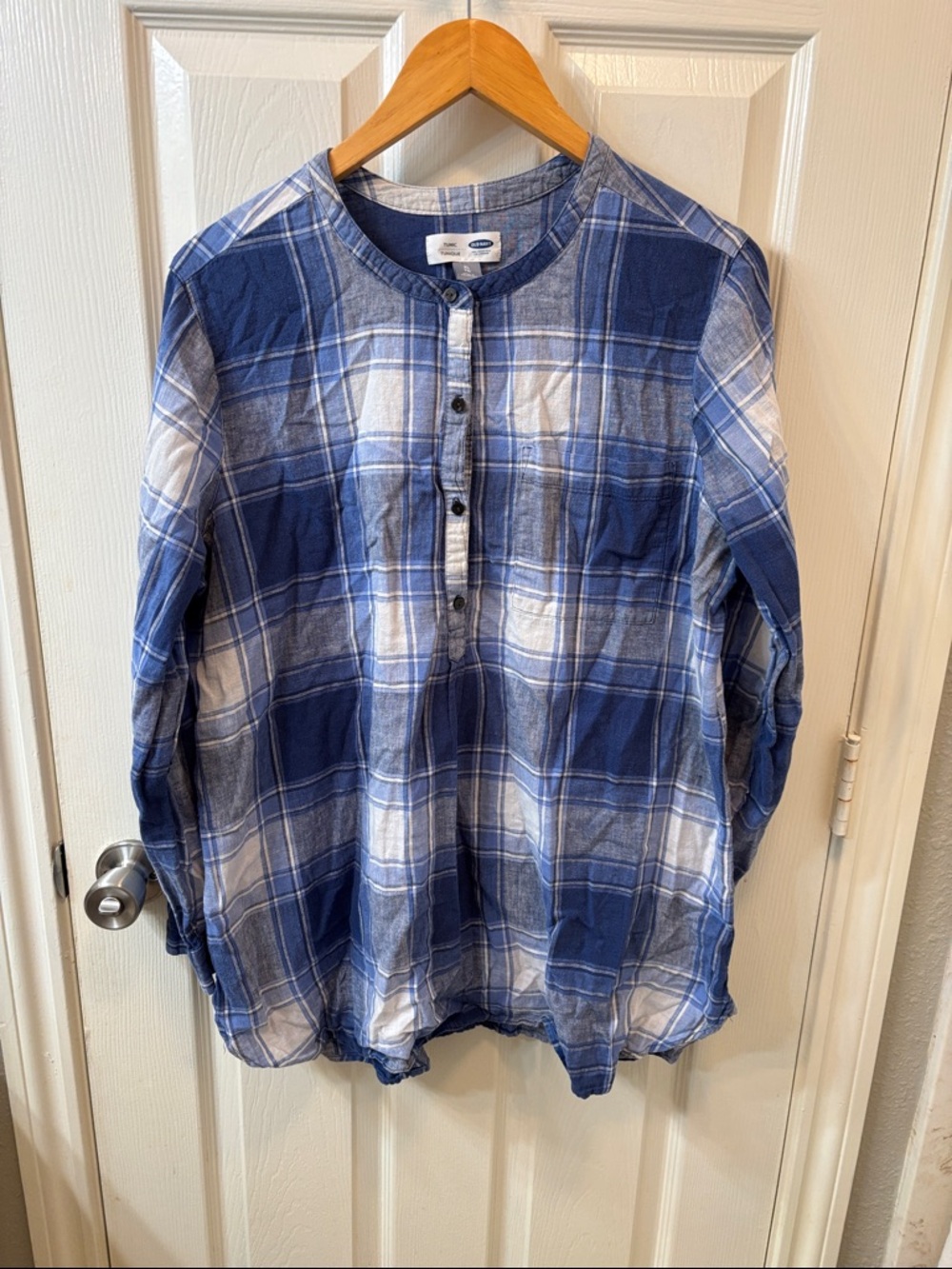 Old Navy Blue and White Plaid Tunic XL linen cotton blend